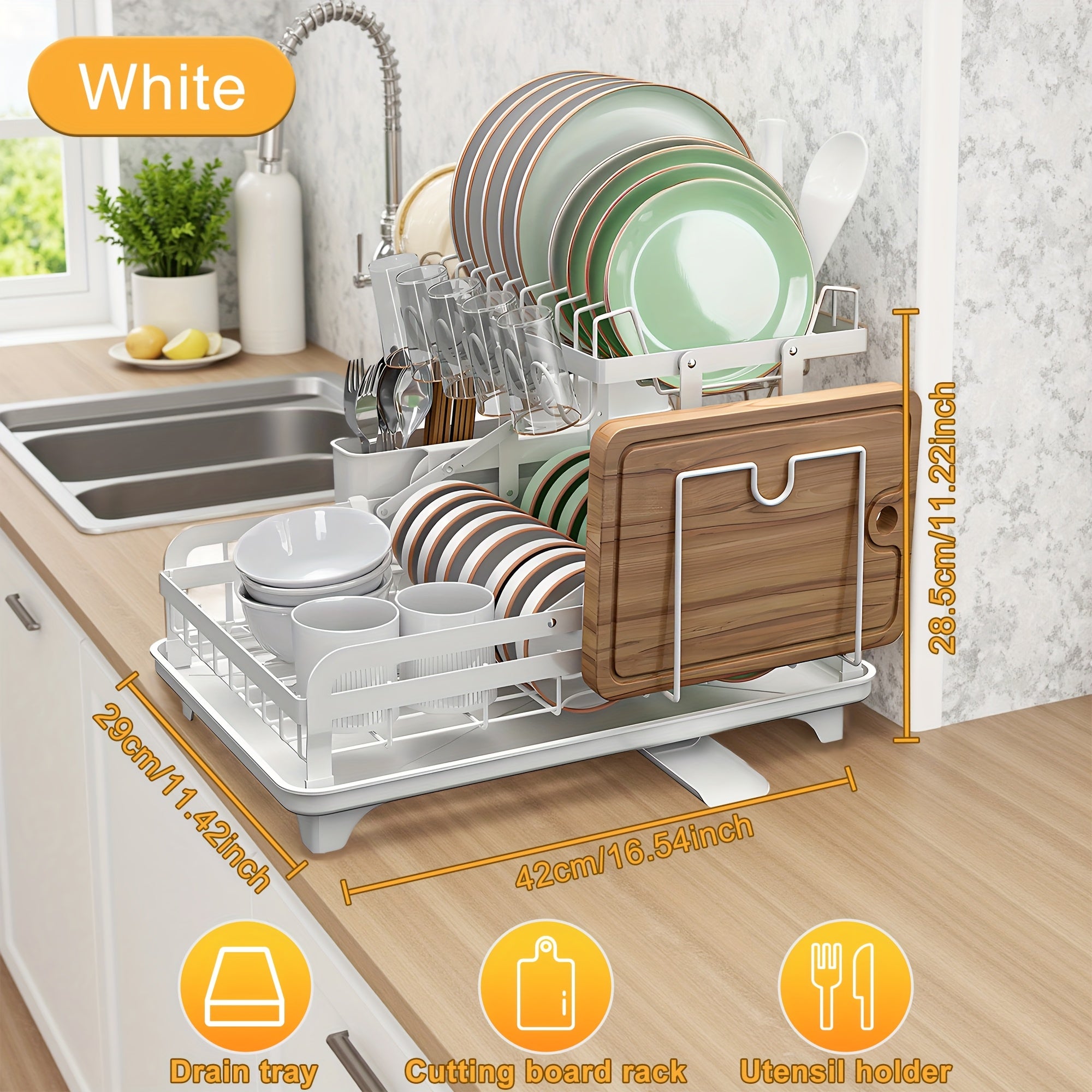 1pc Large 2-Tier Carbon Steel Dish Drying Rack With Drainboard, Glass & Utensil Holders, And Extra Drying Mat - Rust-Resistant Metal Dish Drainer For Kitchen Countertop, Black