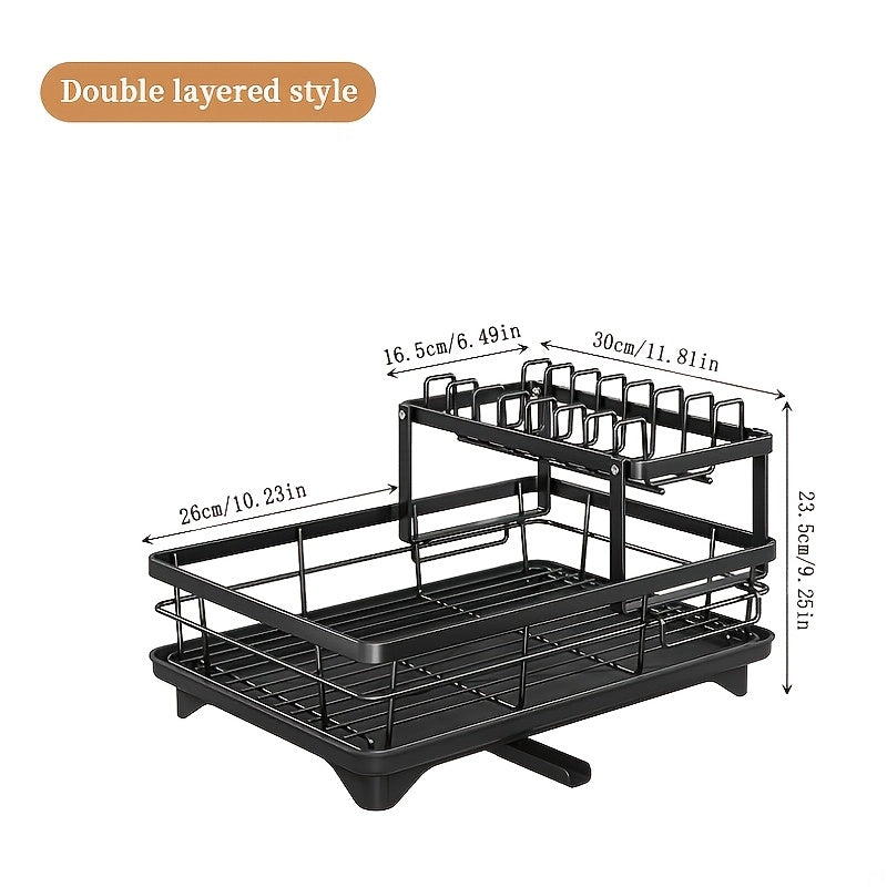 [Durable Dish Rack] Large 2-Tier Metal Dish Rack | Two-Tier Carbon Steel, Space-Saving, Durable, Rust-Proof with Cutlery And Cup Holder And Drainboard, Suitable for Kitchen Counter