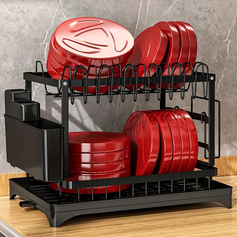 1pc Multifunctional Dish Rack - Double Layers, Space-Saving, Large Capacity, with Drainboard and Utensil Holders for Kitchen Counter Organization, Ideal Gift