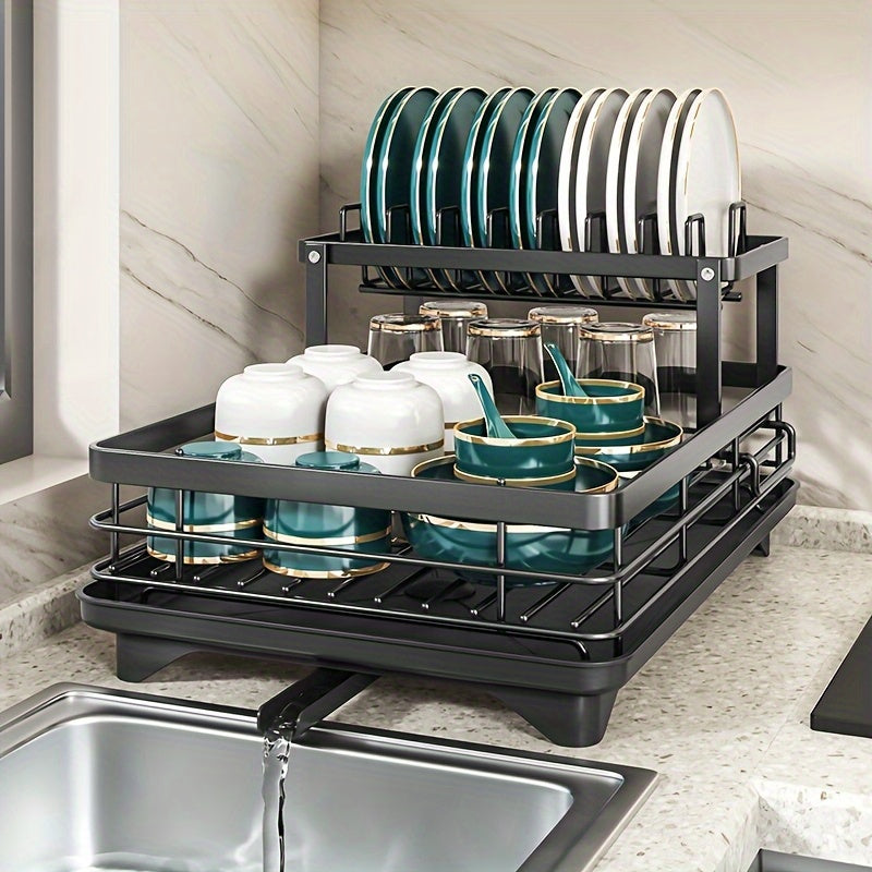 2-Tier Stainless Steel Kitchen Dish Drying Rack with Drain Tray, Knife Holder & Cutting Board Stand - Rustproof Large Capacity Auto Drainage Organizer for Bowls, Plates, Cups, Utensils & Chopsticks, Utensil Holder, Spacesaving Design, Dish Drying Rack for