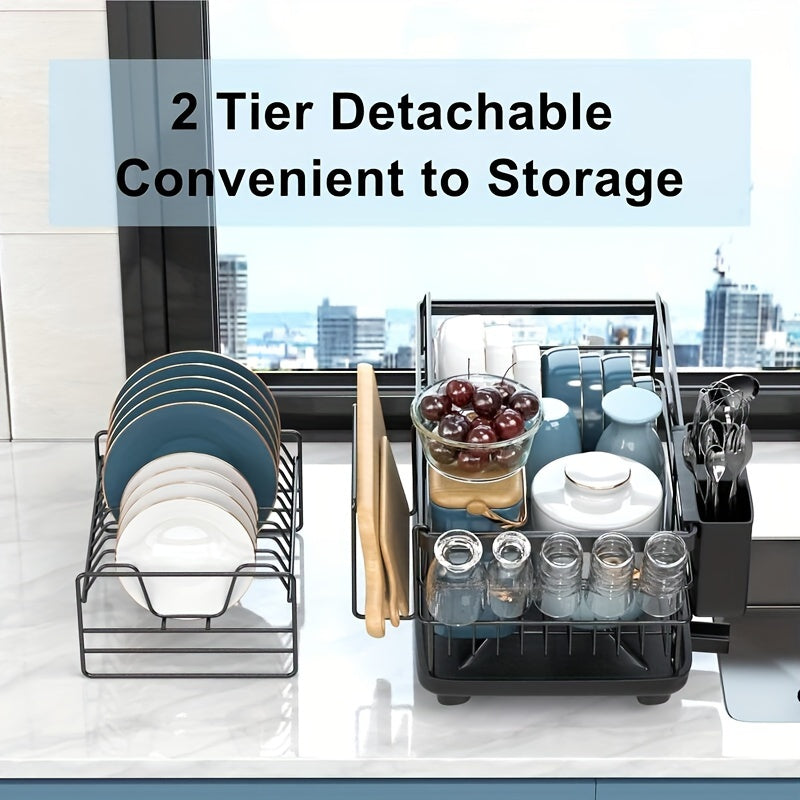 2-tier Dish Drying Rack, With Draining Board, Utensil Holder, Cutting Board/cup Rack, And 3 Hooks, Suitable For Kitchen Countertops, Rust-proof Large-capacity Dish Drainer, Black.