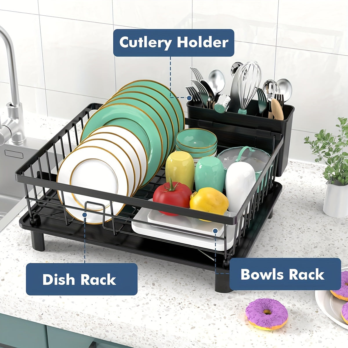 Dish Drying Rack - Large-Capacity Dish Drainer | Kitchen Counter Organizer with Cutlery Holder for Dishes, Spoons, and Forks