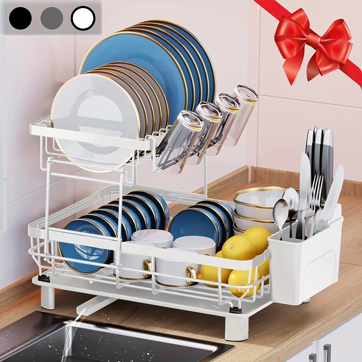 [2-Tier Dish Drying Rack] Large Capacity 2-Tier Dish Drying Rack for Kitchen Counter | Removable Utensil Holder, Drainboard, Kitchen Sink