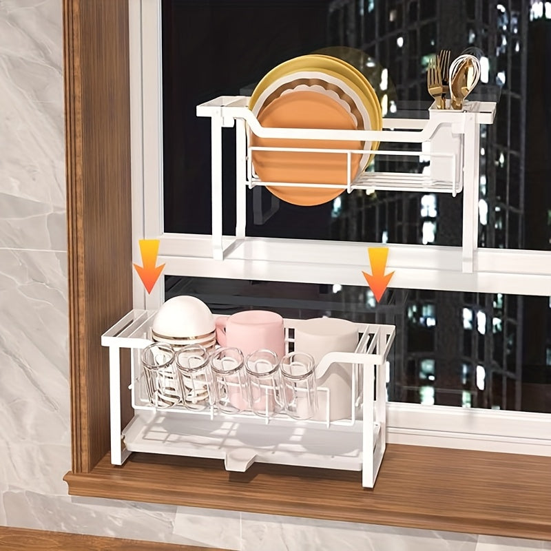 1pc Multifunctional Convenient Durable Kitchen Counter Top Sink Bowl Rack, Removable 2-tier Bowl Rack Drain Board, With Double-layer Bowl, Cup Rack, Drain Board, Adhesive Board Rack, Utensil Rack
