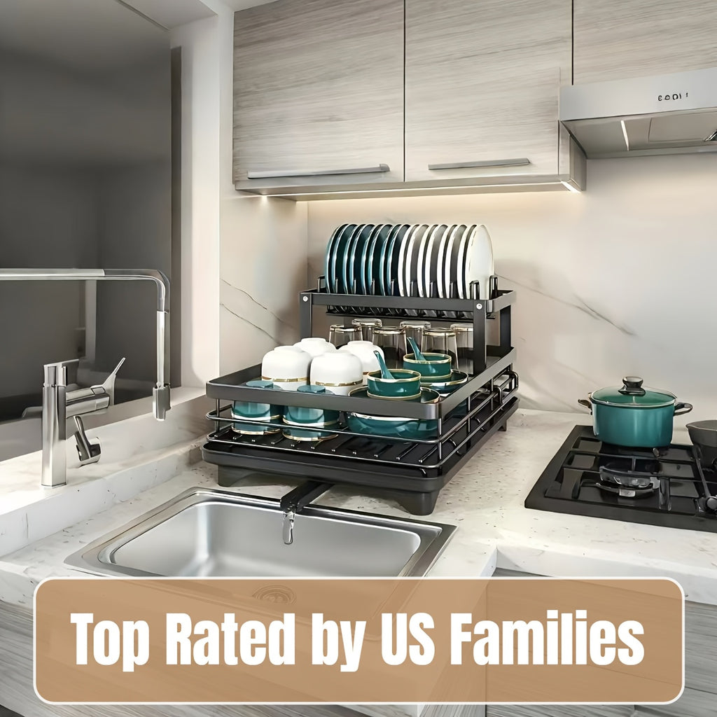 Heavy-Duty Dish Drying Rack - Space-Saving 2-Tier Dish Drainer with Drainboard, Plate, Bowl, Cup, Knife, Fork Rack - Compact Kitchen Organizer for Countertop, Sink - Ideal Mother's Day Gift for Women, Home & Restaurant Use, Sleek Design, Durable