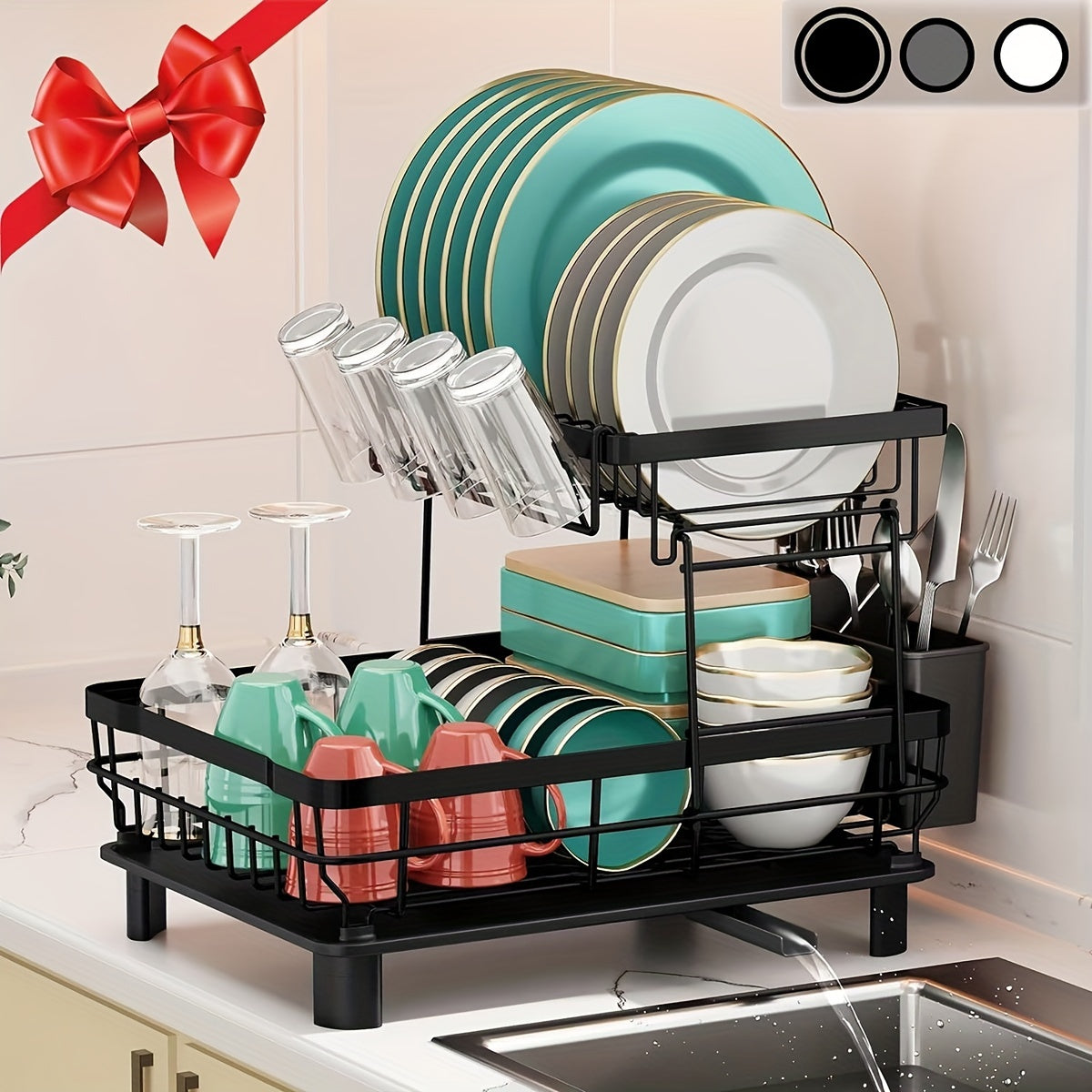 [2-Tier Dish Drying Rack] Large Capacity 2-Tier Dish Drying Rack for Kitchen Counter | Removable Utensil Holder, Drainboard, Kitchen Sink