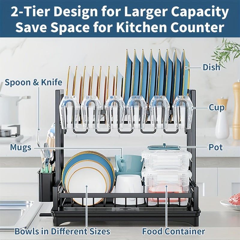 Large 2-Tier Dish Drying Rack for Kitchen Counter, Detachable Large Capacity Dish Drainer Organizer with Utensil Holder, Dish Drying Rack with Drain Board, Plate, Silverware, Pots and Pans Drying Rack for Kitchen