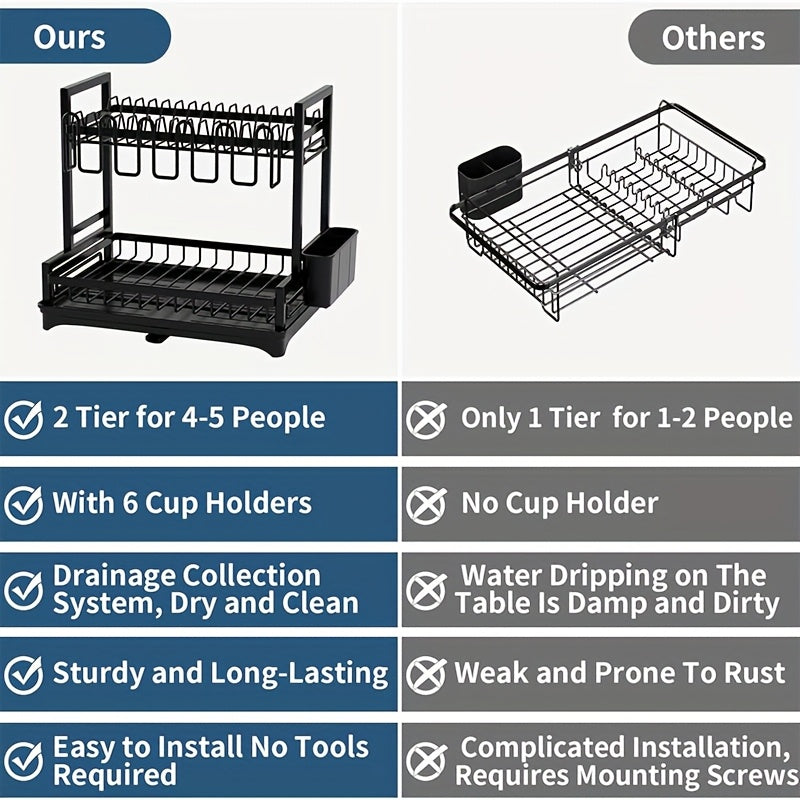 Large 2-Tier Dish Drying Rack for Kitchen Counter, Detachable Large Capacity Dish Drainer Organizer with Utensil Holder, Dish Drying Rack with Drain Board, Plate, Silverware, Pots and Pans Drying Rack for Kitchen