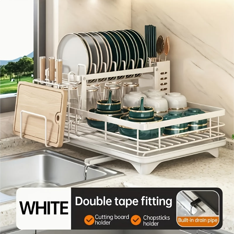 Luxury Kitchen Dish Rack - Double-Tier, Rust-Resistant, with Drain Tray, Knife Holder, Easy to Clean, Large Capacity, Efficient Drainage Design