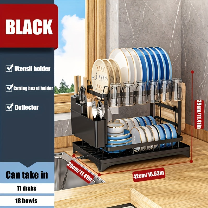 [2-Layer Metal Dish Rack] 2-Layer Metal Dish Drying Rack for Kitchen Countertops | Double Layer with Drain Board | Black Dish Rack for Restaurant & Business
