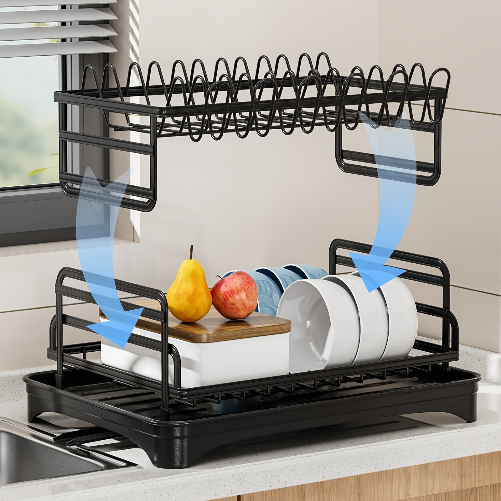 1pc Multifunctional Dish Rack - Double Layers, Space-Saving, Large Capacity, with Drainboard and Utensil Holders for Kitchen Counter Organization, Ideal Gift
