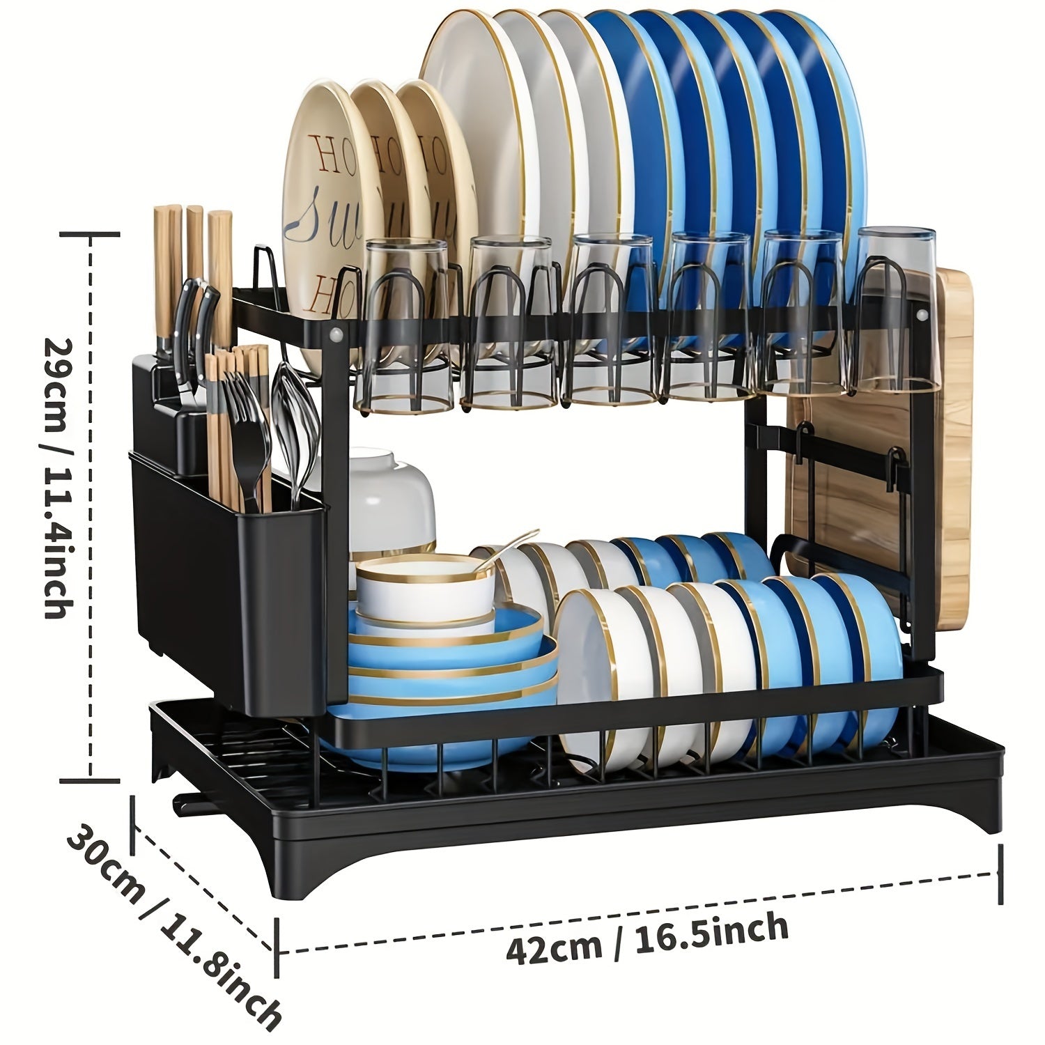 Golden Type 2-Layer Dish Drain Rack - Space-Saving Kitchen Countertop Organizer with Knife Cup and Cutlery Rack for Bowl and Chopsticks - Perfect for Retail Store Display and Home Use