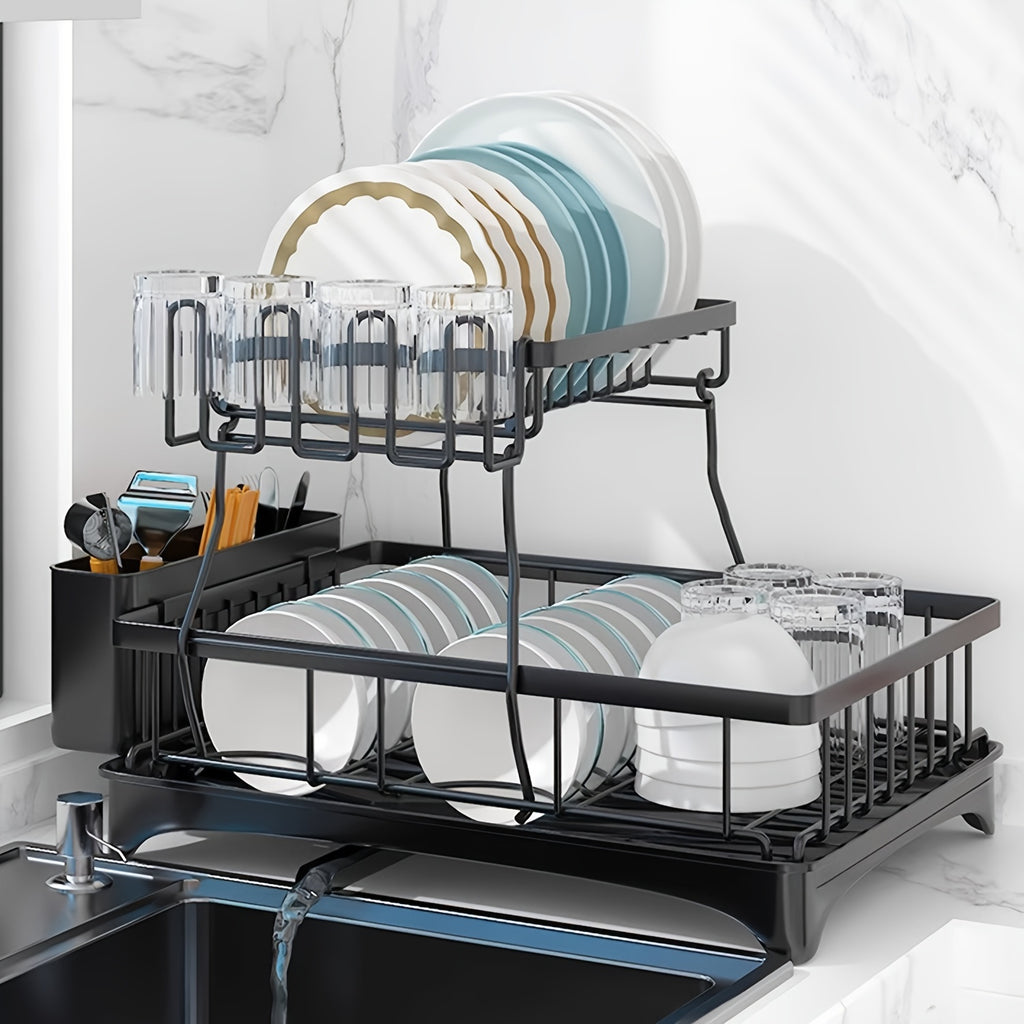 Dish Drying Rack, Multifunctional Dish Rack, Rustproof Kitchen Dish Drying Rack with Drainboard, Space-Saving 2-Tier Dish Drying Rack for Kitchen Counter, Rustproof & Sturdy, Black