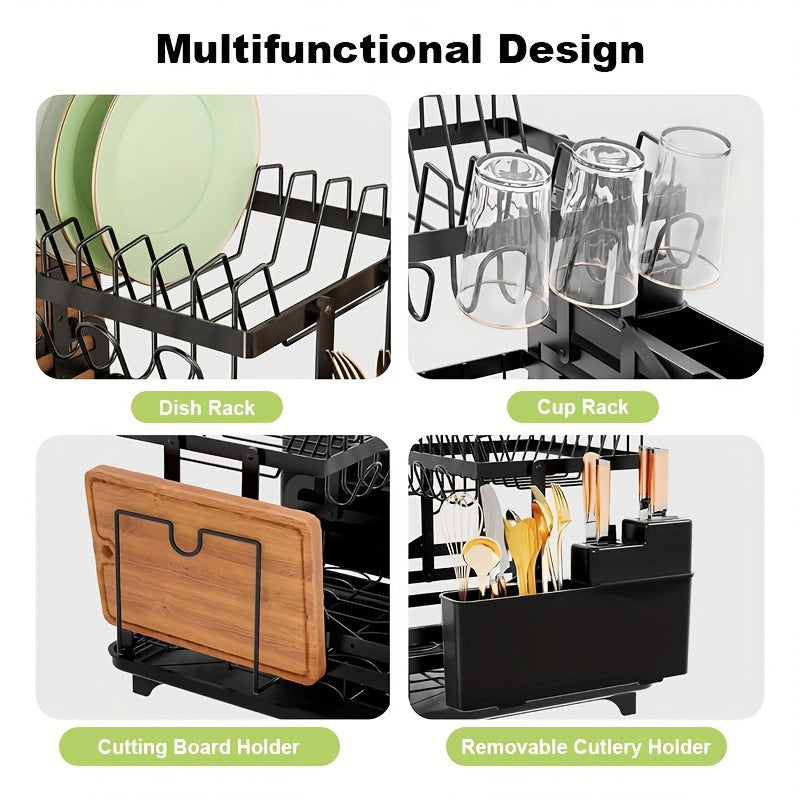 2-Tier Dish Drying Rack Kitchen Counter, Detachable Dish Drainer with Utensil Holder And Cup Rack, Black - Plate Rack Large - Black Dish Racks, Anti-rust Collapsible