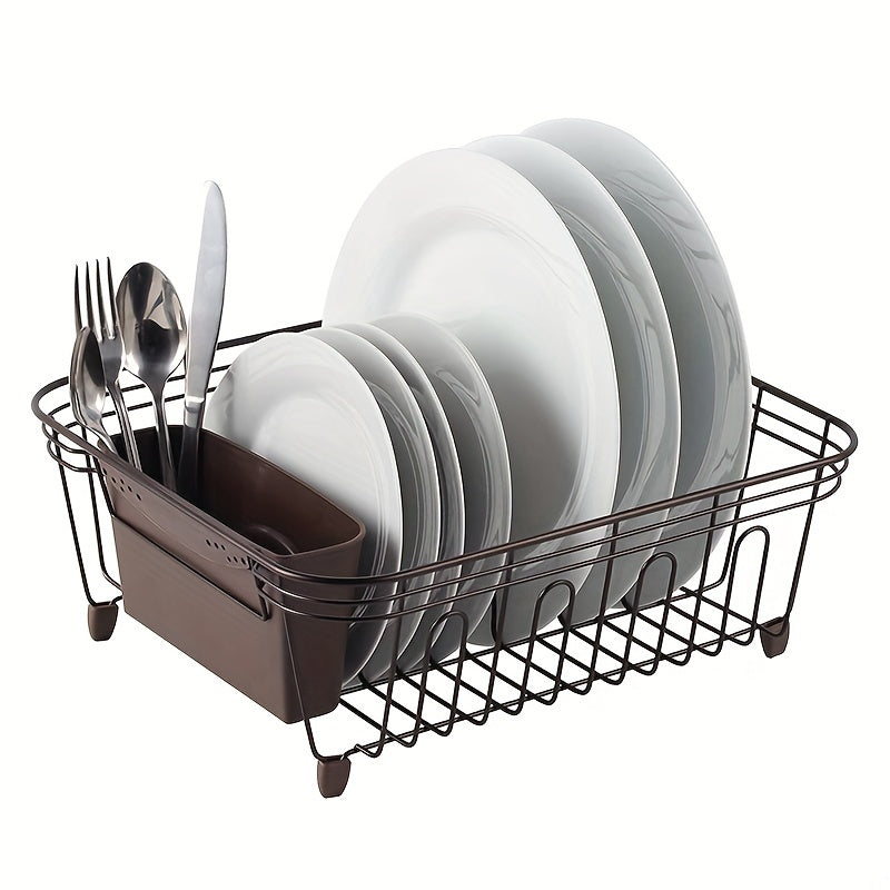 Iron Dish Drying Rack with Utensil Holder, Rust-Resistant Grooved Drain Strainer with Strong Load-Bearing Capacity for Home Kitchen Storage