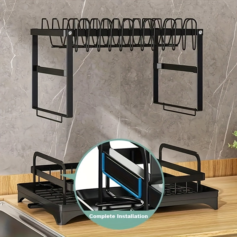 Two - Tier Kitchen Drying Rack with Utensil Holders - This Black, Detachable Metal Set Features a Drainboard And Is Designed As a Standing Shelf for Kitchen Counters. It'S Perfect for Drying Dishes And Keeping Utensils Within Reach. Use It in Any Kitchen