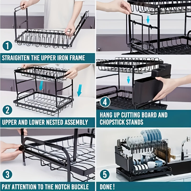 Luxury Kitchen Dish Rack - Double-Tier, Rust-Resistant, with Drain Tray, Knife Holder, Easy to Clean, Large Capacity, Efficient Drainage Design