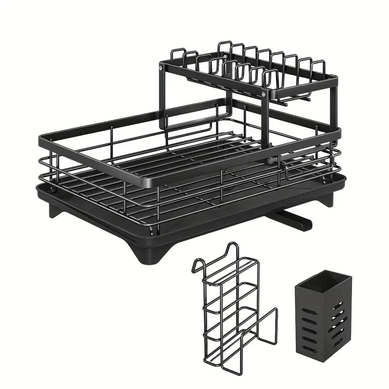 Kitchen double-layer bowl and chopstick rack, drain rack with drainage tray, dishwasher rack, dishwasher basket, stainless steel, knife holder, cutting board holder, chopstick holder, double-layer, rust proof large capacity automatic drainage bowl rack