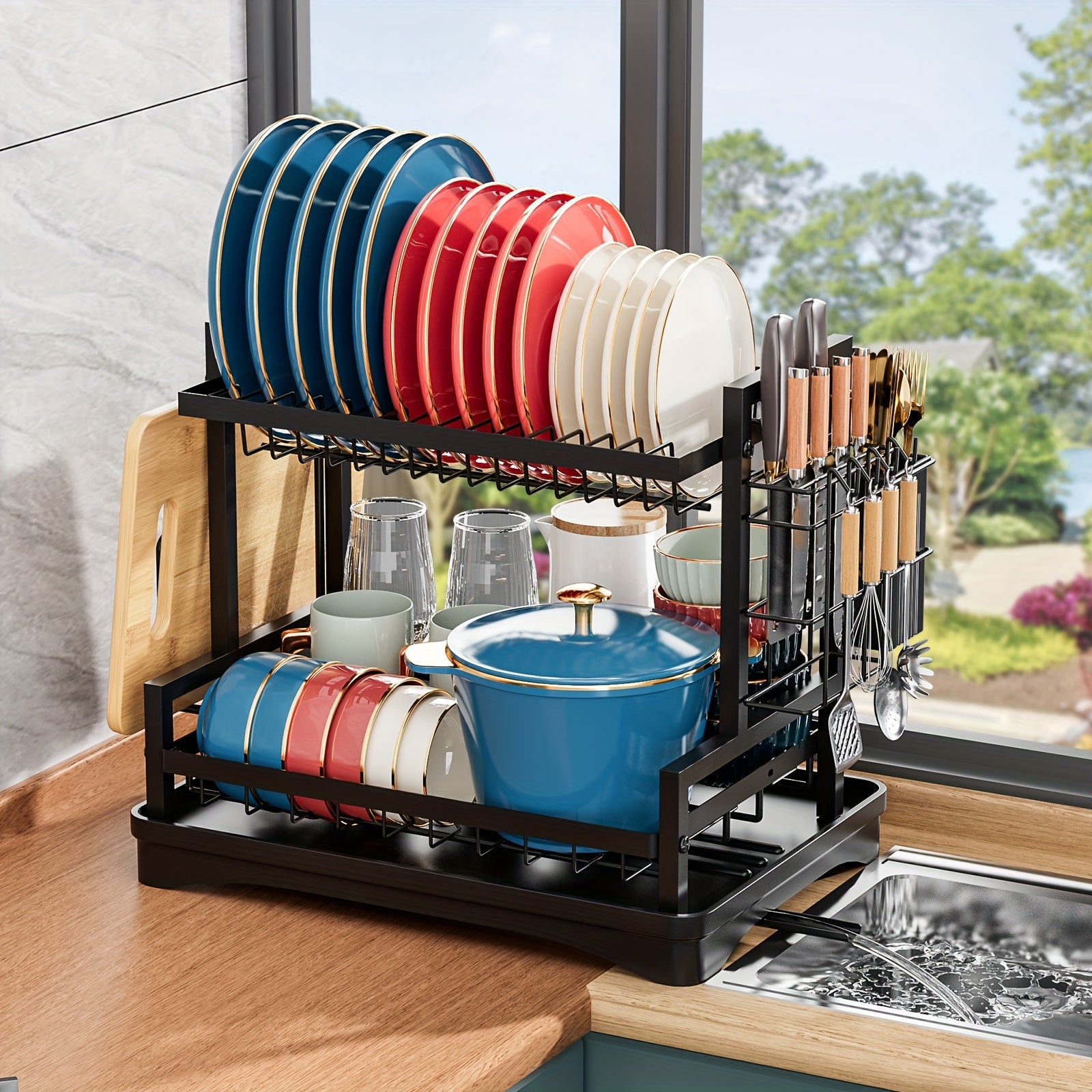Dish Drying Rack, Kitchen Organizers And Storage, 2-Tier Kitchen Organizers And Storage For Dishes, Bowls, Cutlery, Black, Local Warehouse