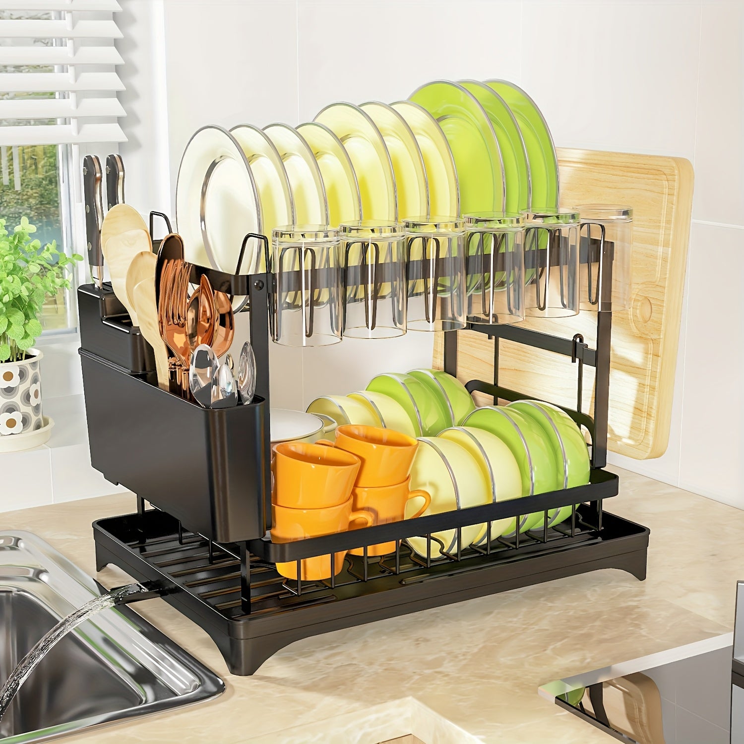 Dish Drying Rack, 2-Tier Dish Racks For Kitchen Counter, Dish Rack With Drainboard & Mat, Dish Drainer With Knife, Fork & Cup Rack, Gifts For Women, Mothers Day, Cool Stuff & Kitchen Gadgets