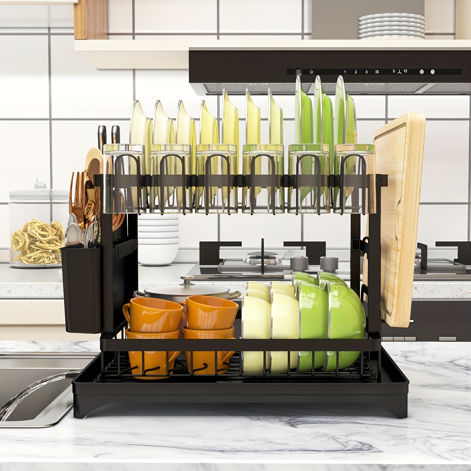 [2-Layer Metal Dish Rack] 2-Layer Metal Dish Drying Rack for Kitchen Countertops | Double Layer with Drain Board | Black Dish Rack for Restaurant & Business