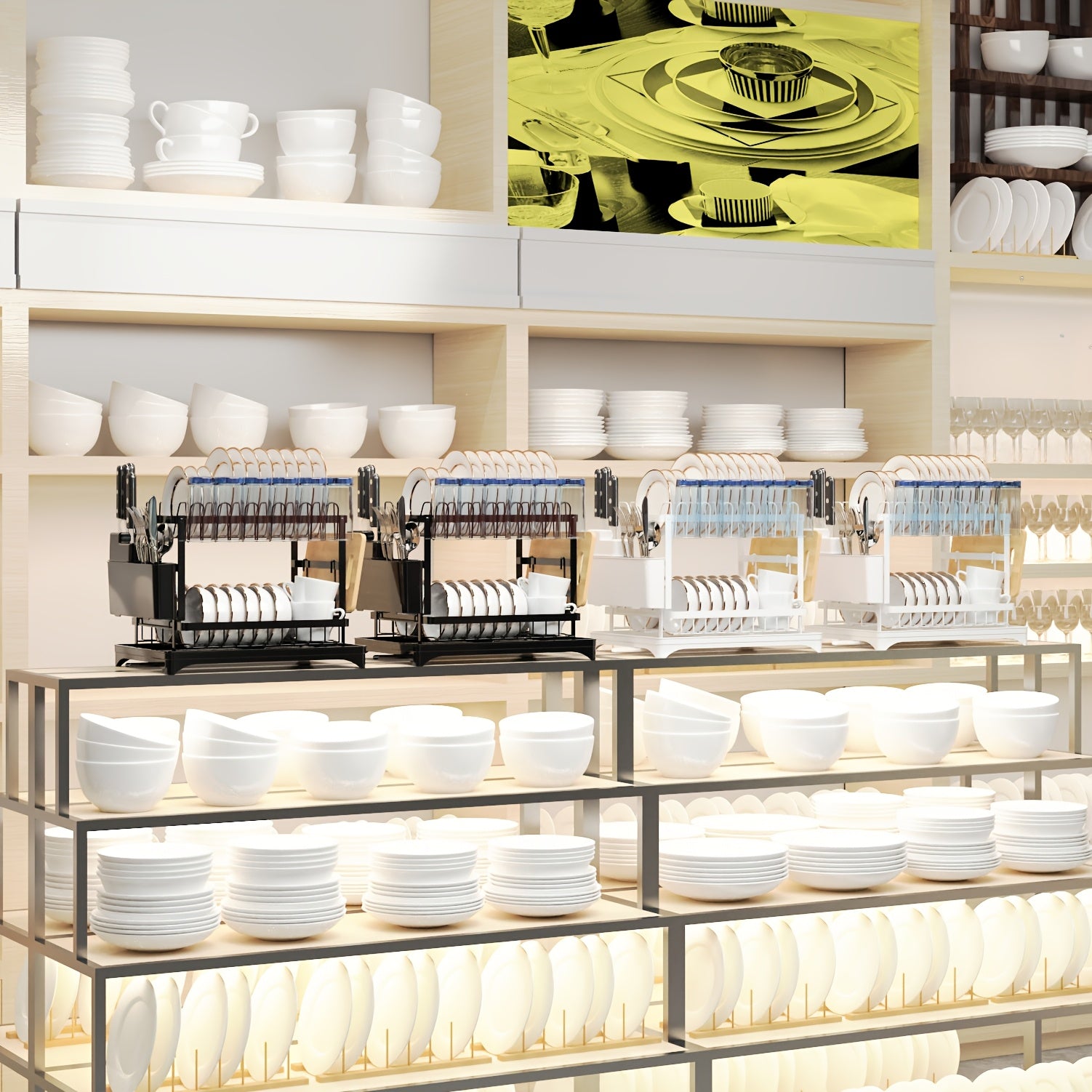 Golden Type 2-Layer Dish Drain Rack - Space-Saving Kitchen Countertop Organizer with Knife Cup and Cutlery Rack for Bowl and Chopsticks - Perfect for Retail Store Display and Home Use