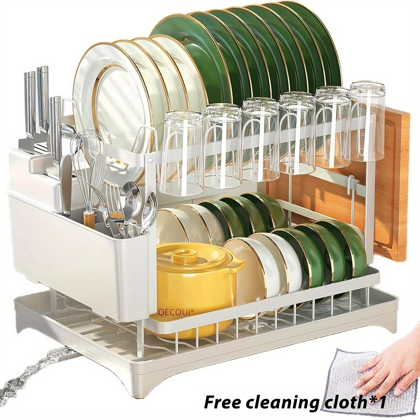 Multifunctional Dish Rack Organizer, Rustproof 2-Tier Dish Drying Rack with Drainer Plate, Space Saving for Cutlery, Knives, Wooden Cutting Boards - Modern Kitchen Shelf | Durable Metal Construction Kitchen Organizer Free Cleaning Cloth White, Dish Rack