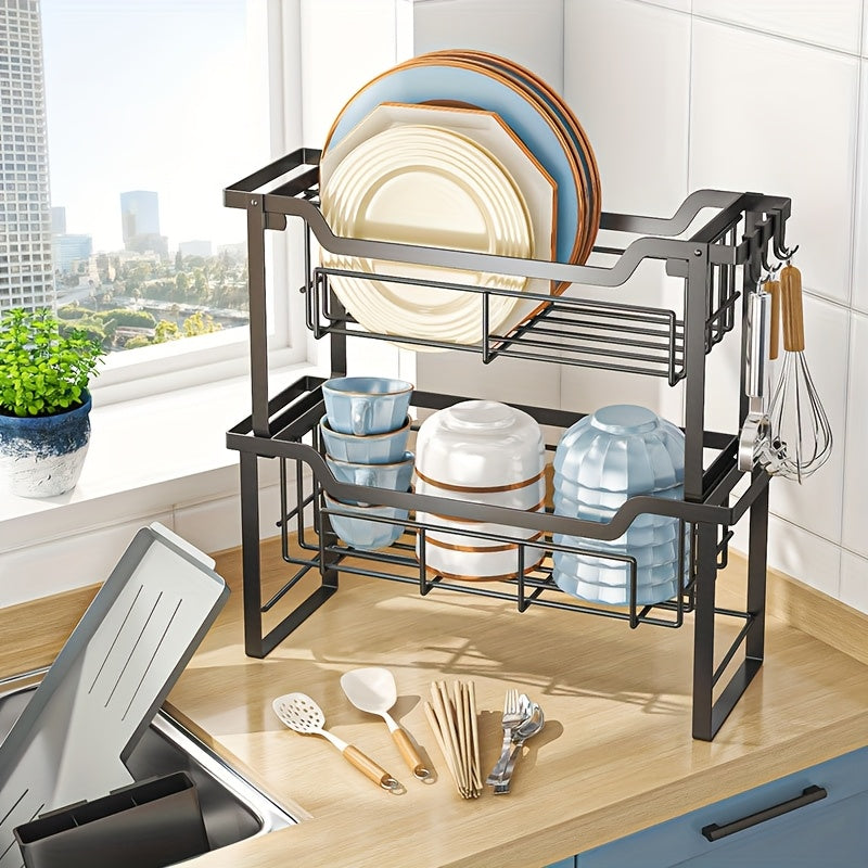 1pc Multifunctional Convenient Durable Kitchen Counter Top Sink Bowl Rack, Removable 2-tier Bowl Rack Drain Board, With Double-layer Bowl, Cup Rack, Drain Board, Adhesive Board Rack, Utensil Rack