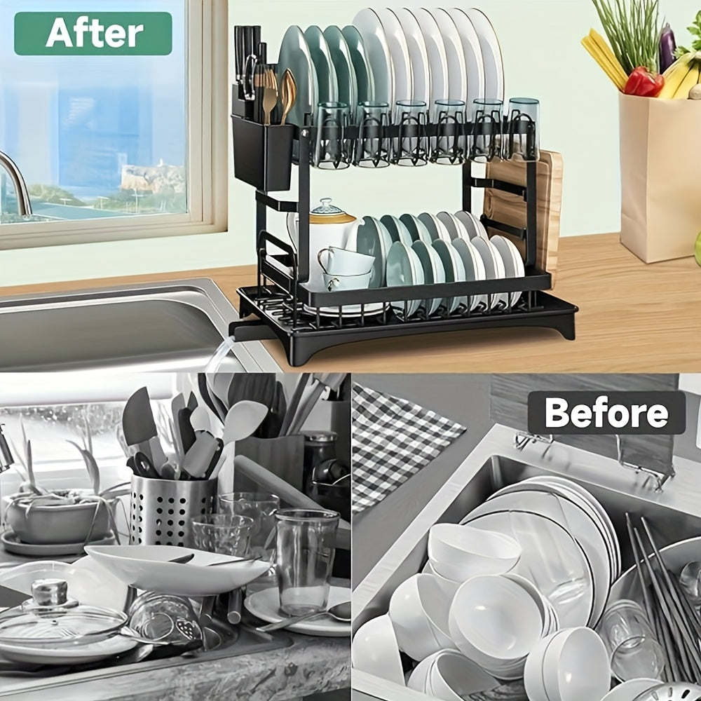 Two - Tier Kitchen Drying Rack with Utensil Holders - This Black, Detachable Metal Set Features a Drainboard And Is Designed As a Standing Shelf for Kitchen Counters. It'S Perfect for Drying Dishes And Keeping Utensils Within Reach. Use It in Any Kitchen