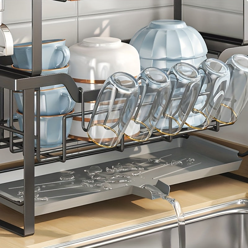 1pc Multifunctional Convenient Durable Kitchen Counter Top Sink Bowl Rack, Removable 2-tier Bowl Rack Drain Board, With Double-layer Bowl, Cup Rack, Drain Board, Adhesive Board Rack, Utensil Rack