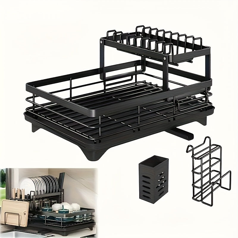 Heavy-Duty Dish Drying Rack - Space-Saving 2-Tier Dish Drainer with Drainboard, Plate, Bowl, Cup, Knife, Fork Rack - Compact Kitchen Organizer for Countertop, Sink - Ideal Mother's Day Gift for Women, Home & Restaurant Use, Sleek Design, Durable