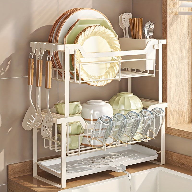 1pc Multifunctional Convenient Durable Kitchen Counter Top Sink Bowl Rack, Removable 2-tier Bowl Rack Drain Board, With Double-layer Bowl, Cup Rack, Drain Board, Adhesive Board Rack, Utensil Rack