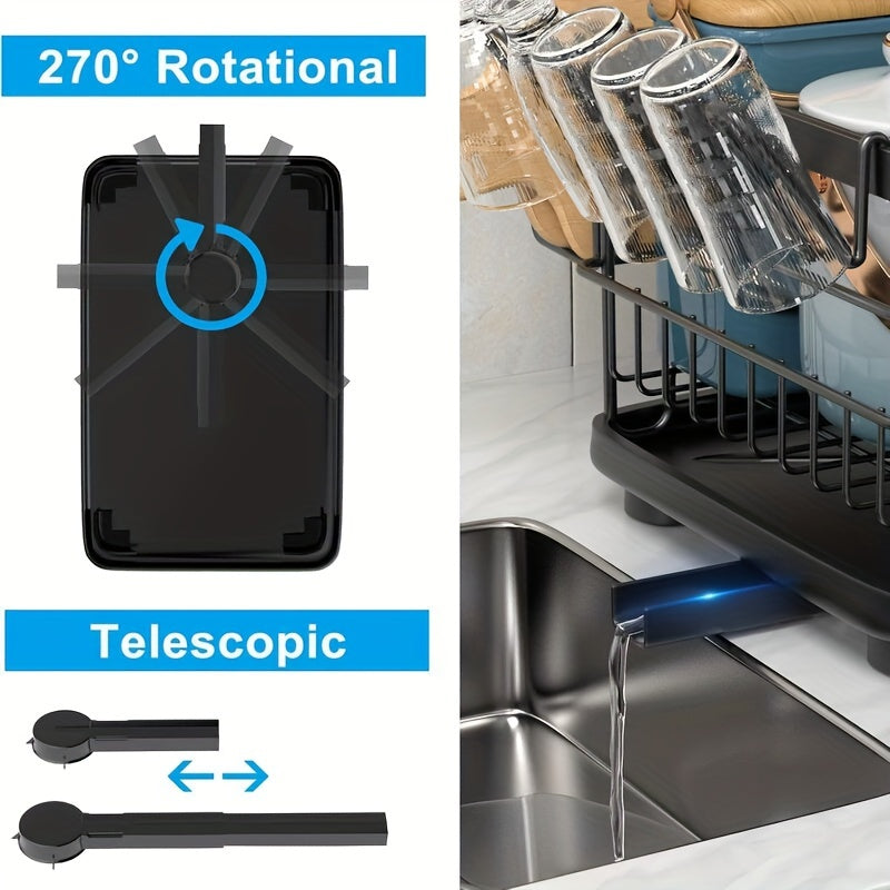 2-layer Dish Drying Rack With Drain Board, Cutlery Rack, Cutting Board/cup Rack, And 3 Kitchen Counter Hooks, Rust Proof Large Dish Drain Rack, Black, Marine Storage