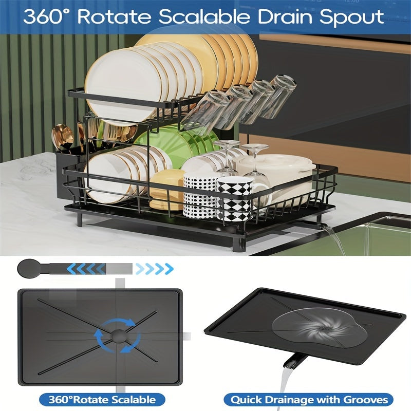 2-Tier Dish Drying Rack, Large Collapsible Kitchen Sink Organizer, Black Dish Rack for Kitchen Countertop with Utensil Holder, Cup Holder and Chopping Board Holder