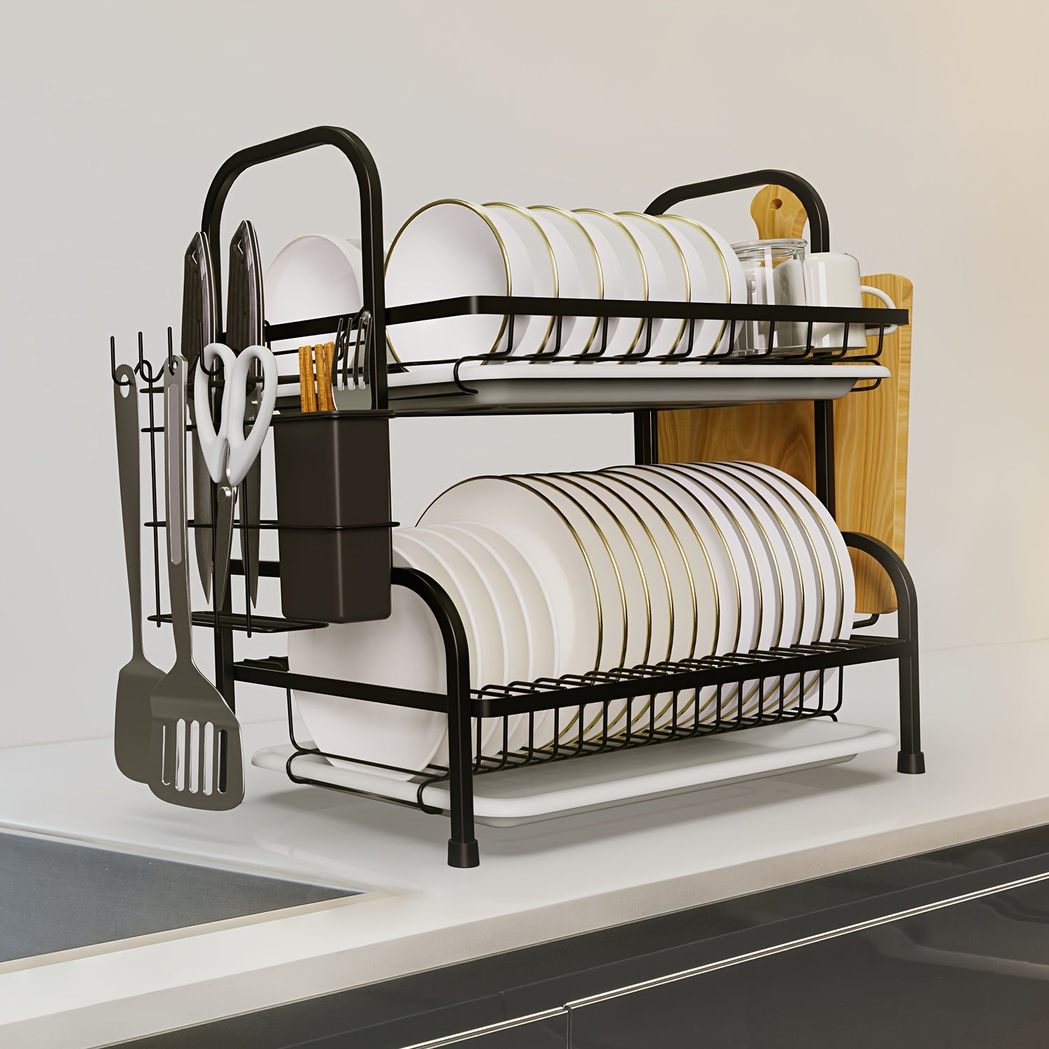 Dish Drying Rack, Multifunctional Dish Rack, Rustproof Kitchen Dish Drying Rack with Drainboard, Space-Saving 2-Tier Dish Drying Rack for Kitchen Counter, Rustproof & Sturdy, Black