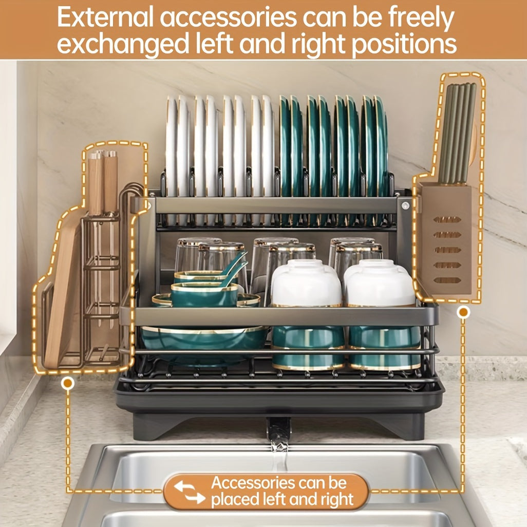 1pc Deluxe 2-Tier Kitchen Carbon Steel Dish Rack with Auto Drain, Knife Rack and Chopping Board Rack - Rust-resistant carbon steel, large capacity, easy to clean, ideal for bowl and chopstick storage, kitchen storage solution