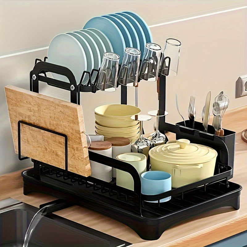 2-Tier Large Capacity Dish Rack - Space-Saving, Sturdy Metal Construction with Drainboard, Utensil Holders & Cutting Board Holder, Multi-Functional Kitchen Counter Organizer for Plates, Bowls, Cups & Utensils, Dish Drying Rack