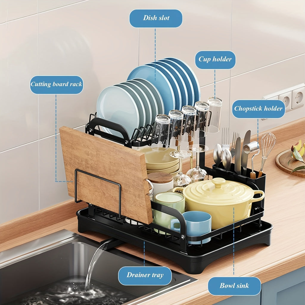 2 Tier Dish Rack With Drainboard, Dish Drying Rack 2 Tier Drainer Kitchen Counter, Cutlery Holder, Cutting-Board Holder, Cup Holder And 2 Hooks, Large Dish Racks