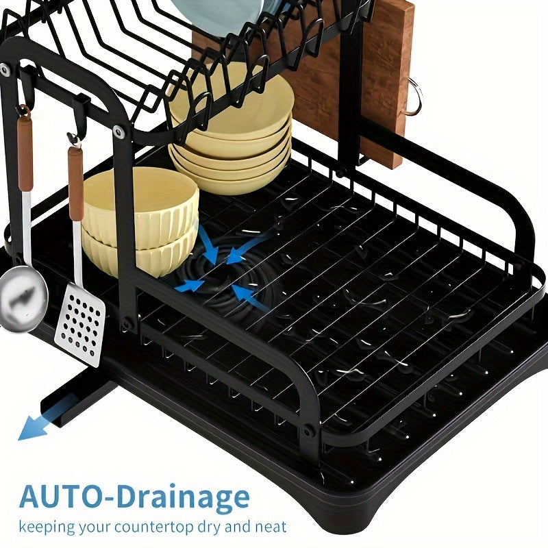 2-Tier Large Capacity Dish Rack - Space-Saving, Sturdy Metal Construction with Drainboard, Utensil Holders & Cutting Board Holder, Multi-Functional Kitchen Counter Organizer for Plates, Bowls, Cups & Utensils, Dish Drying Rack