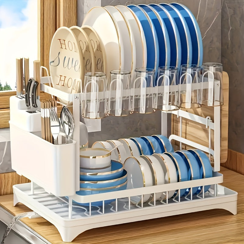1pc Large 2-Tier Stainless Steel Dish Drying Rack with Drip Plate - Space-Saving Kitchen Counter Organizer for Dishes, Knives, Cups, Cutting Boards - Multi-Use, No Assembly Required, Dish Drying Rack for Kitchen Counter, Utility Racks