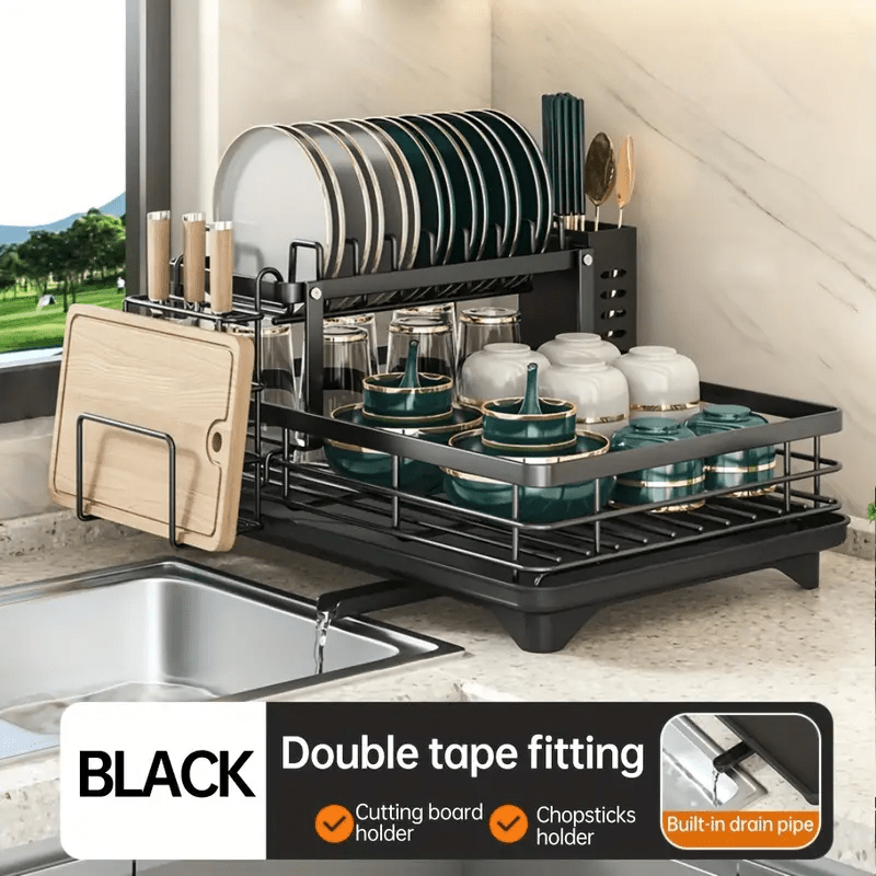 Kitchen double-layer bowl and chopstick rack, drain rack with drainage tray, dishwasher rack, dishwasher basket, stainless steel, knife holder, cutting board holder, chopstick holder, double-layer, rust proof large capacity automatic drainage bowl rack