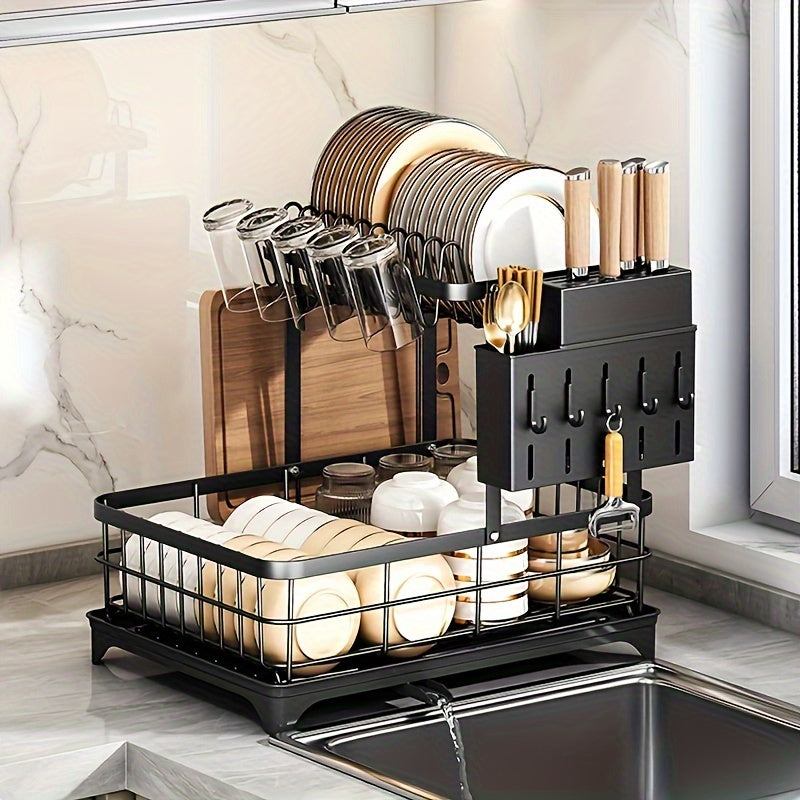1 Or 2-Tier Space-Saving Kitchen Dish Drying Rack With Removable Utensil Holder & Cup Holder, Large Capacity Drying Rack With Drainboard For Kitchen Sink Counter