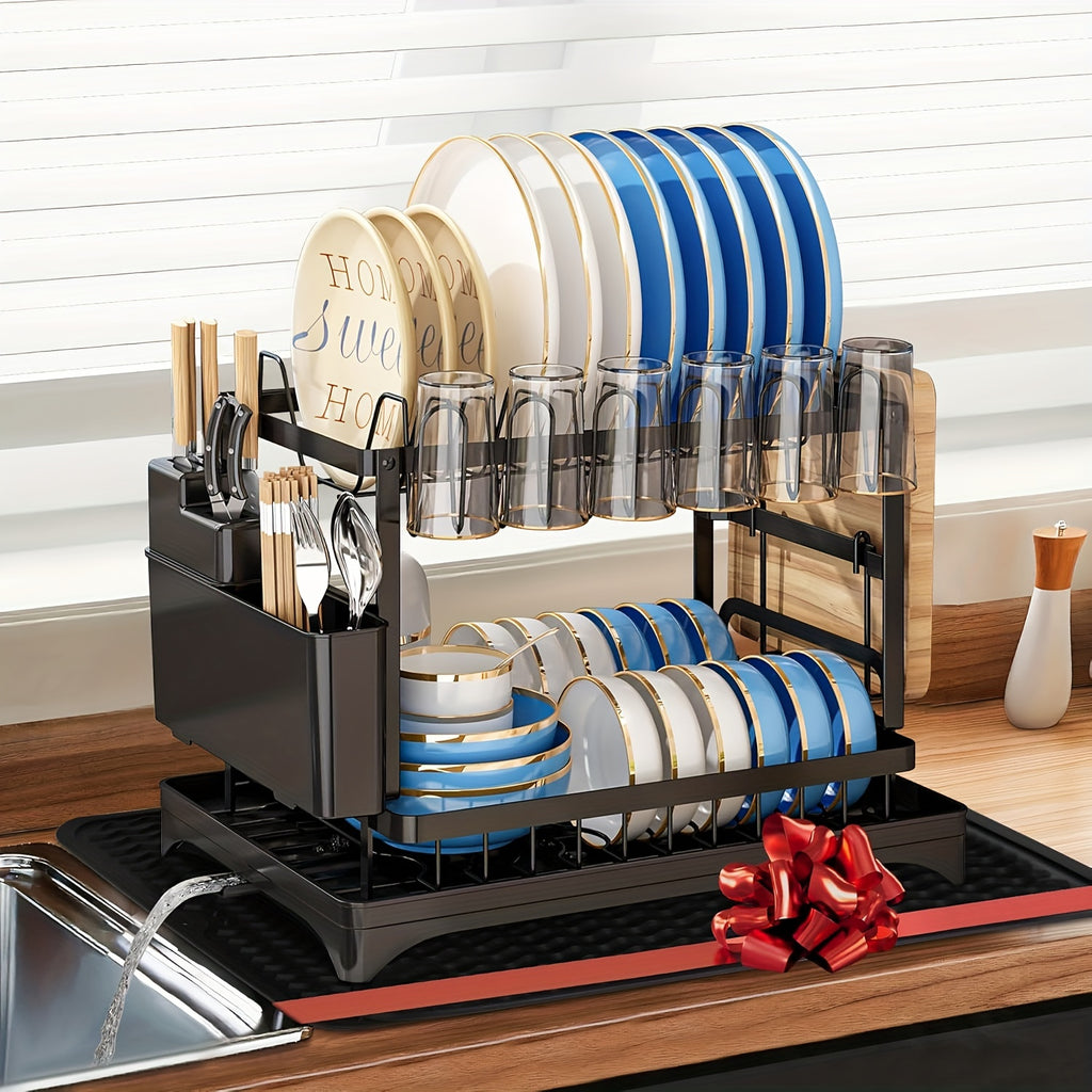 1pc Multifunctional Dish Rack - Double Layers, Space-Saving, Large Capacity, with Drainboard and Utensil Holders for Kitchen Counter Organization, Ideal Gift