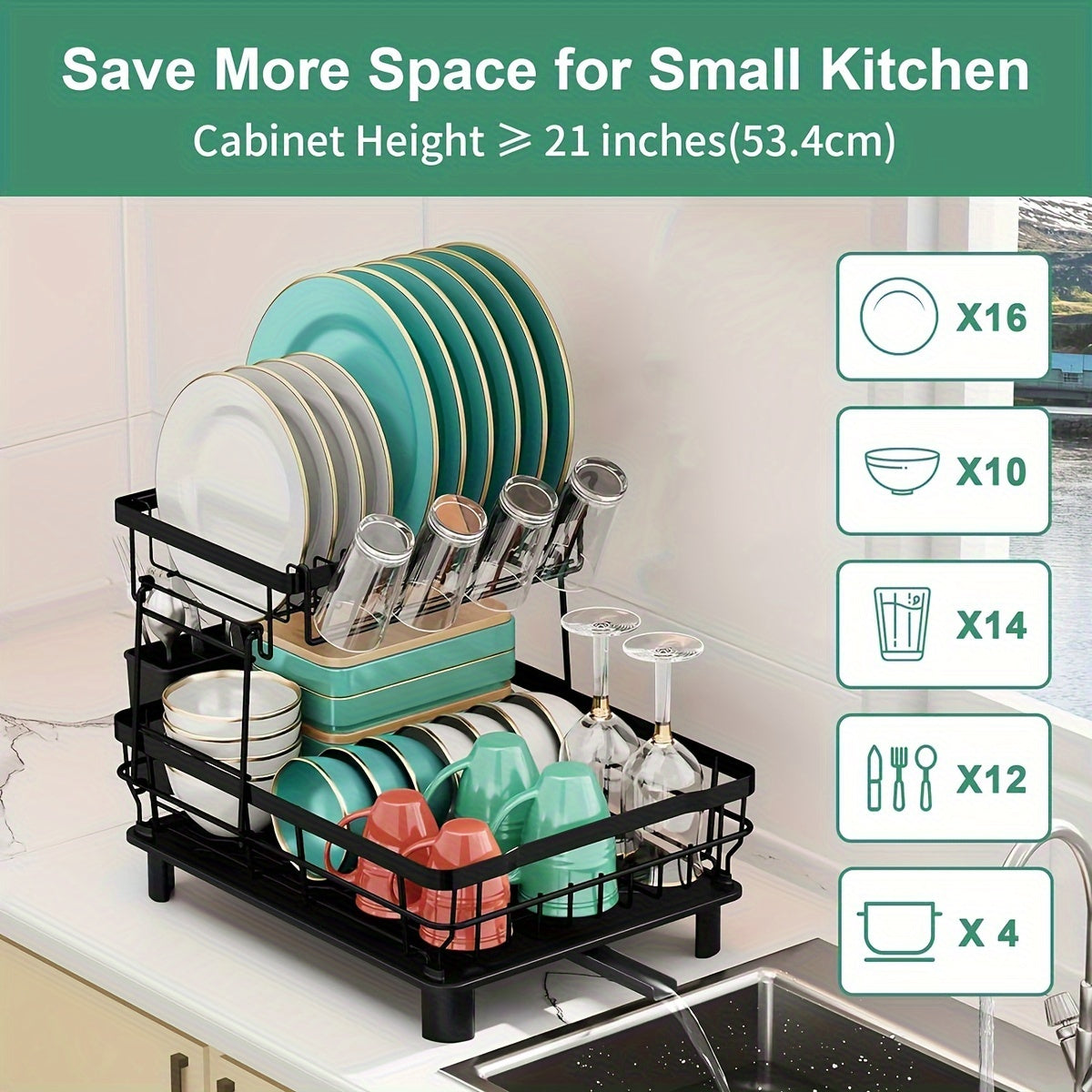[2-Tier Dish Drying Rack] Large Capacity 2-Tier Dish Drying Rack for Kitchen Counter | Removable Utensil Holder, Drainboard, Kitchen Sink