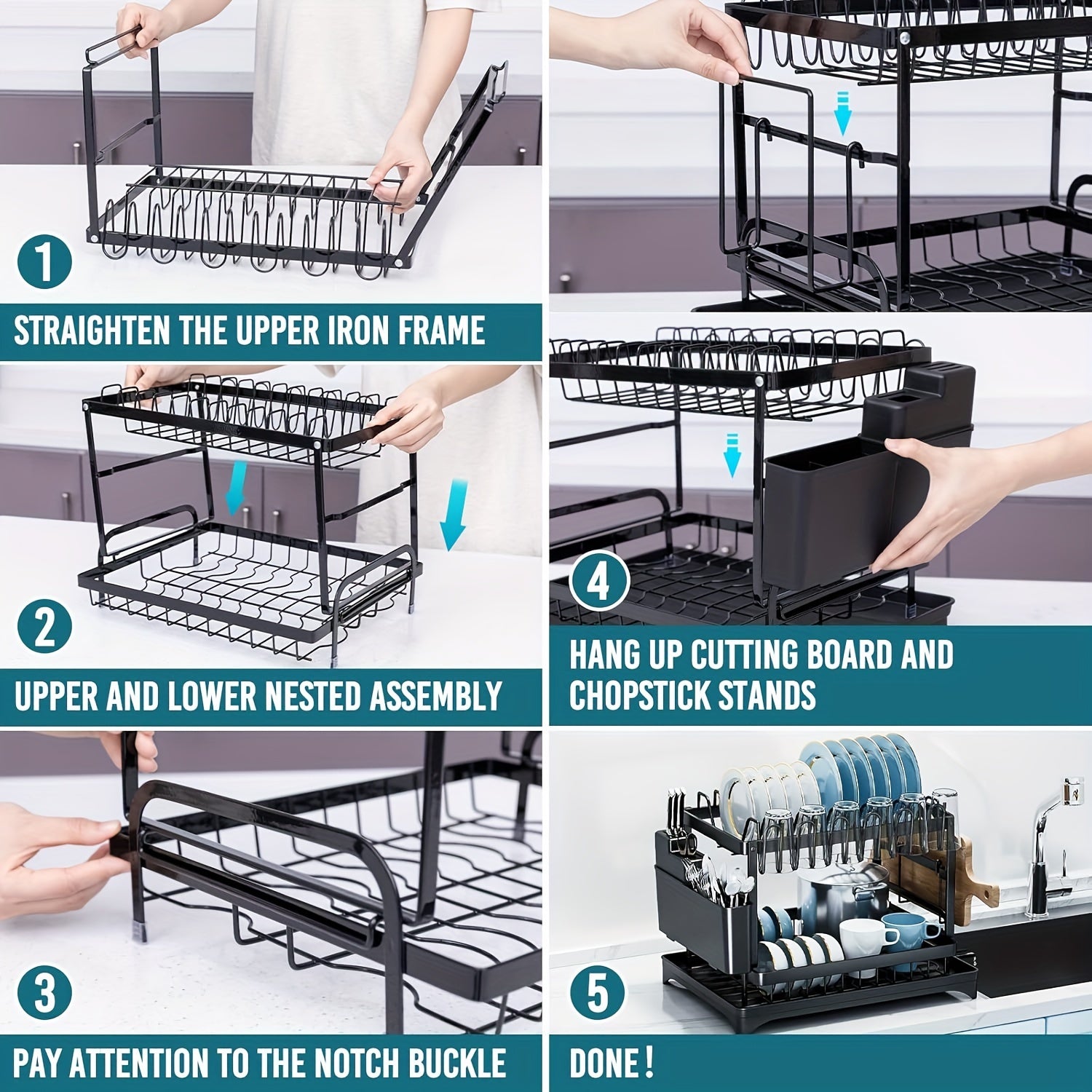 Golden Type 2-Layer Dish Drain Rack - Space-Saving Kitchen Countertop Organizer with Knife Cup and Cutlery Rack for Bowl and Chopsticks - Perfect for Retail Store Display and Home Use