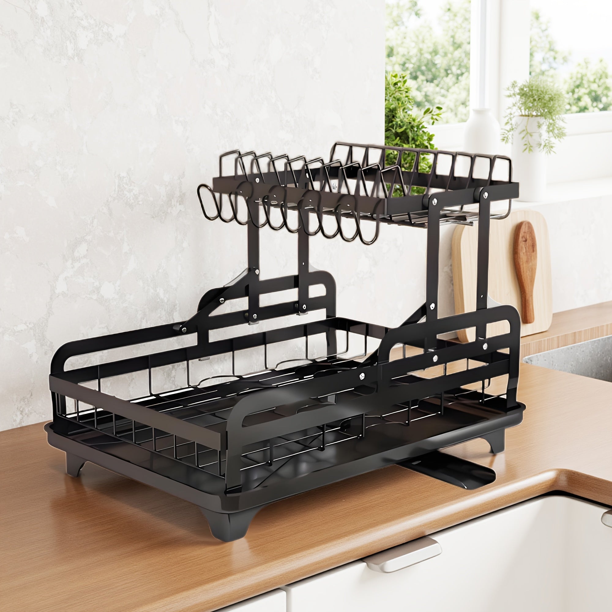 1pc Large 2-Tier Carbon Steel Dish Drying Rack With Drainboard, Glass & Utensil Holders, And Extra Drying Mat - Rust-Resistant Metal Dish Drainer For Kitchen Countertop, Black