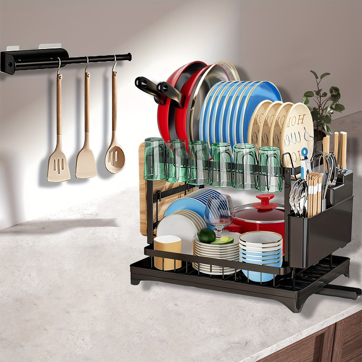 1pc Multifunctional Dish Rack - Double Layers, Space-Saving, Large Capacity, with Drainboard and Utensil Holders for Kitchen Counter Organization, Ideal Gift
