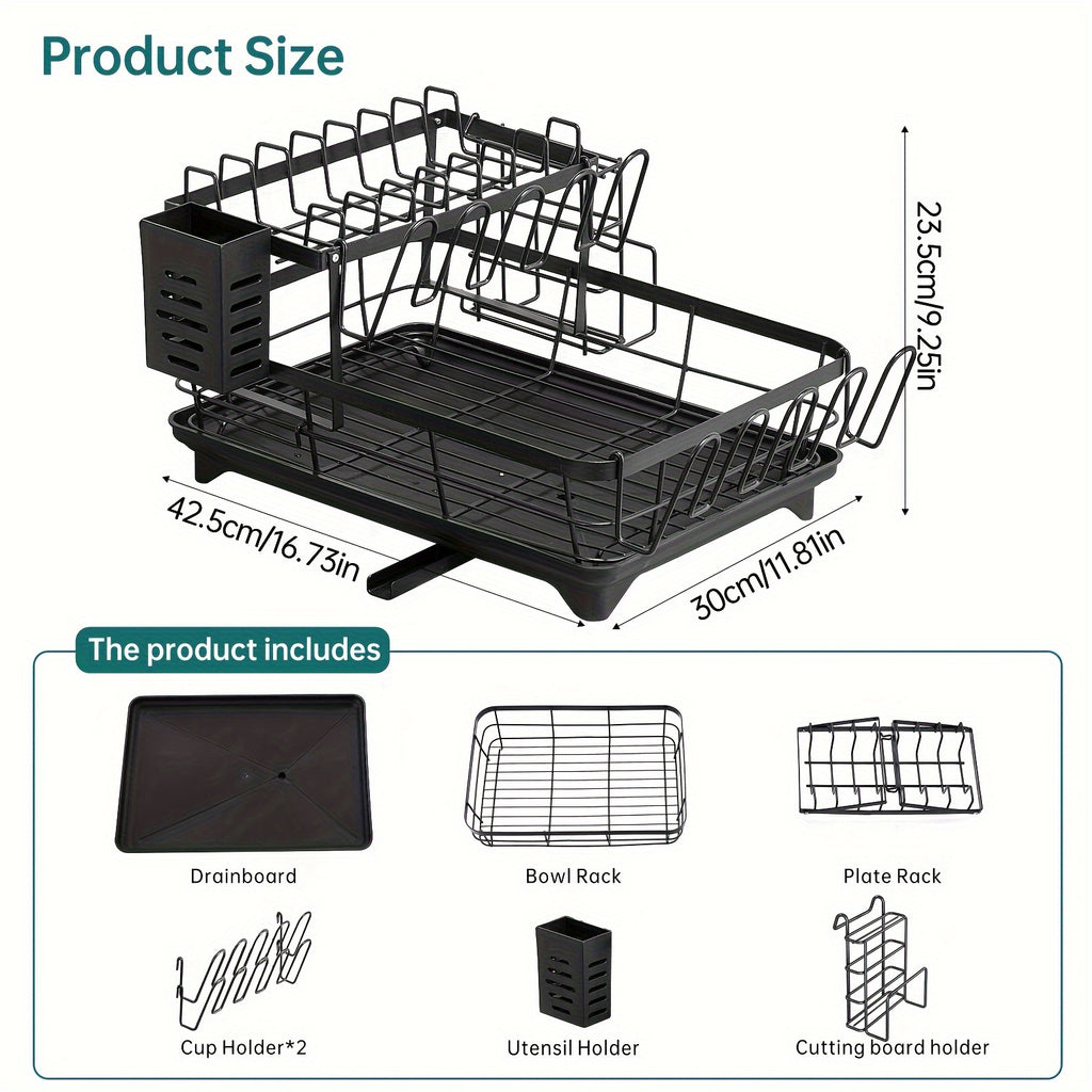 2-Tier Stainless Steel Kitchen Dish Drying Rack with Drain Tray, Knife Holder & Cutting Board Stand - Rustproof Large Capacity Auto Drainage Organizer for Bowls, Plates, Cups, Utensils & Chopsticks, Utensil Holder, Spacesaving Design, Dish Drying Rack for