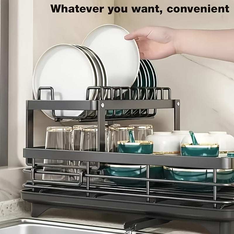 [Durable Dish Rack] Large 2-Tier Metal Dish Rack | Two-Tier Carbon Steel, Space-Saving, Durable, Rust-Proof with Cutlery And Cup Holder And Drainboard, Suitable for Kitchen Counter