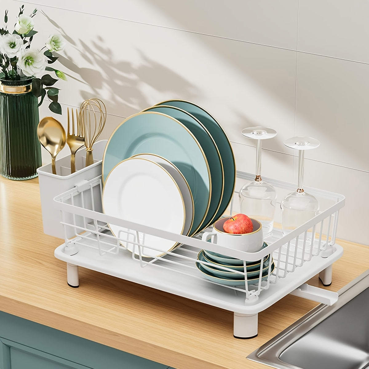 Dish Drying Rack - Large-Capacity Dish Drainer | Kitchen Counter Organizer with Cutlery Holder for Dishes, Spoons, and Forks
